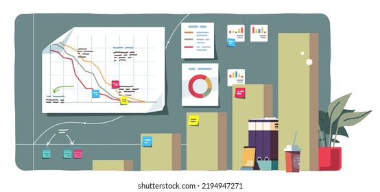 Financial bar, donut, line charts set. Declining, rising diagrams graphs on paper sheets. Finance progress analytics. Business presentation report infographics concept flat vector illustration