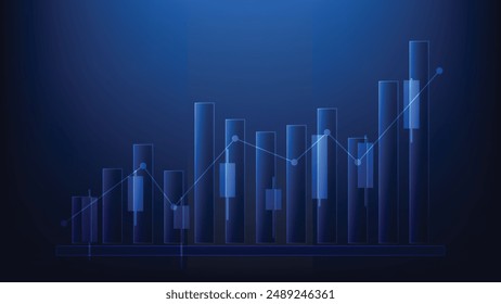 Finanzbalkendiagramm mit Kerzenständer-Diagramm auf blauem Hintergrund. Börse und Investitionen