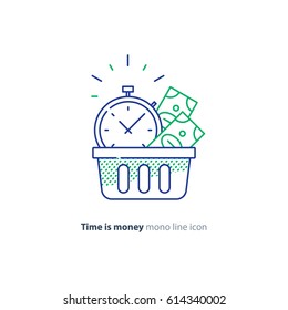 Financial basket, time is money concept, budget planning, fund rising, savings account, long term investment strategy, income growth, sand glass vector mono line icon