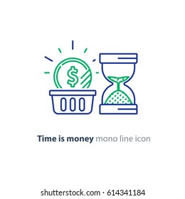 Financial Basket, Time Is Money Concept, Budget Planning, Fund Rising, Savings Account, Long Term Investment Strategy, Income Growth, Sand Glass Vector Mono Line Icon