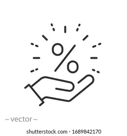 Financial Benefit Icon, Hand With Percent, Customer Profit, Discount Increase Or Reduction, Thin Line Web Symbol On White Background - Editable Stroke Vector Illustration Eps10