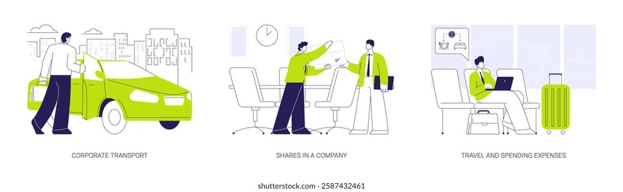 Financial benefits for company workers abstract concept vector illustration set. Corporate transport, shares in a company, travel and spending expenses, business trip, company rules abstract metaphor.