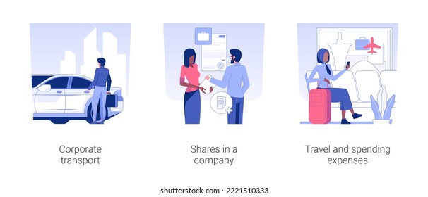 Financial benefits for company workers isolated concept vector illustration set. Corporate transport, shares in a company, travel and spending expenses, business trip, company rules vector cartoon.