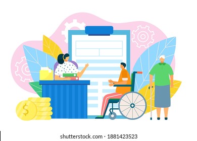 Financial Benefits With Document Form, Vector Illustration. Disability People Protection, Pension For Retirement. Man At Wheelchair, Old Person Get Social Money Income Cartoon Design.