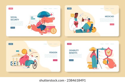 Financial Benefits Set. Elderly lady under social security umbrella; a doctor discussing Medicaid; man securing pension with piggy bank; woman showcasing disability benefits. Flat vector illustration.