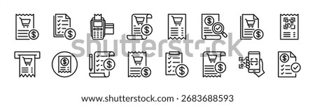 Financial bill or invoice thin line icon set. Contains shopping receipt, tax, note, payment, debit, voucher, checklist, scan barcode, billing, transaction, accounting document, list, report - vector
