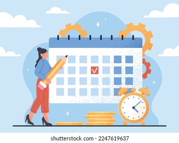 Financial bill payment calendar. Woman planning schedule. Financial literacy and economics. Poster or banner. Budgeting and calculation of income and expenses. Cartoon flat vector illustration