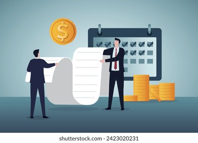 Financial bill, Salary payroll system, income calculate and automatic payment, office accounting administrative or calendar pay date, employee wages concept, businessmen standing with online payroll.