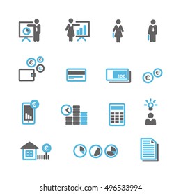 Financial blue gray icons vector set for mobile, website, application - euro, money, finance, loan, mortgage. Financial icons. Financial icons flat design.
