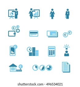 Financial blue icons vector set for mobile, website, application - euro, money, finance, loan, mortgage. Financial icons. Financial icons flat design.