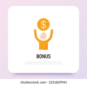 Financial bonus flat icon: man holding dollar coin in hands. Salary, profit, earnings. Modern vector illustration.