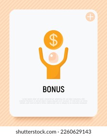 Financial bonus flat icon: man holding dollar coin in hands. Salary, profit, earnings. Modern vector illustration.