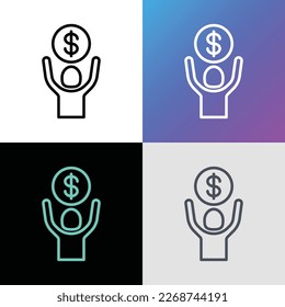 Financial bonus thin line icon: man holding dollar coin in hands. Salary, profit, earnings. Modern vector illustration.