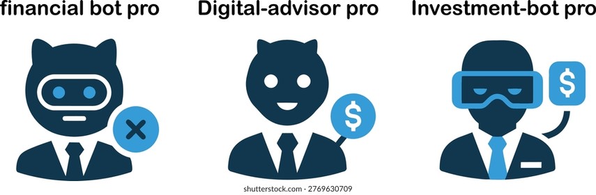 Financial bot digital advisor investment bot icons with investment currency business technology automation analysis earnings management planning strategy portfolio financial consulting
