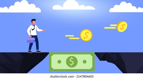 Financial bridge Financial gap Help solution economical crisis Vector illustration concept Money to rescue or support business Assisting people to overcome financial difficulties Insurance Stability