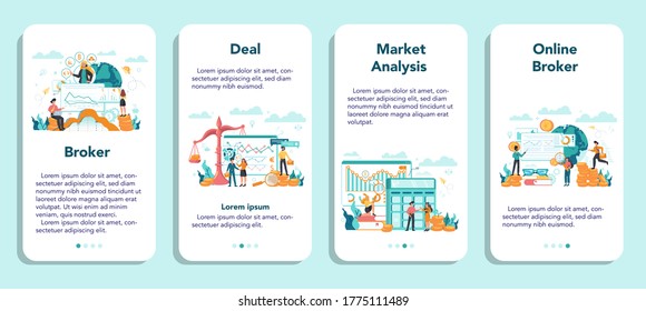 Juego de banners de aplicación móvil de corredores financieros. Concepto de ingresos, inversiones y ahorro. Operaciones financieras de creación de caracteres empresariales. Ilustración vectorial aislada
