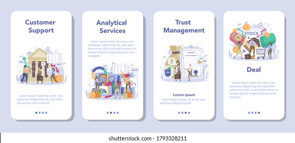 Financial broker mobile application banner set. Income, investment and saving. Customer support, analytical service, trust management, deal. Isolated vector illustration