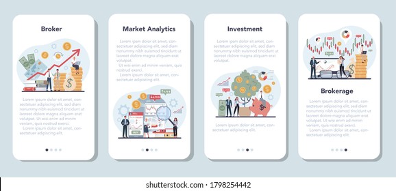 Financial broker mobile application banner set. Income, investment and saving concept. Business character making financial operation. Isolated vector illustration