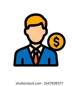 Financial broker with prominent dollar coin. Icon symbol illustration