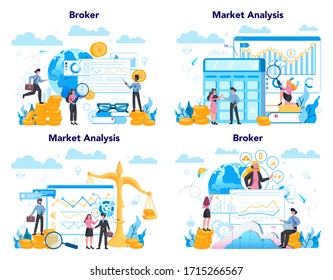 Financial broker set. Income, investment and saving concept. Business character making financial operation. Isolated vector illustration