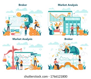 Financial broker set. Income, investment and saving concept. Business character making financial operation. Isolated vector illustration