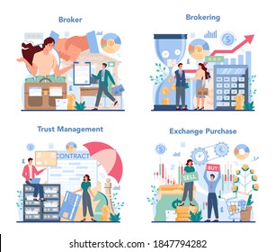 Financial broker set. Income, investment and saving. Customer support, analytical service and trust management. Business character making financial operation. Isolated vector illustration
