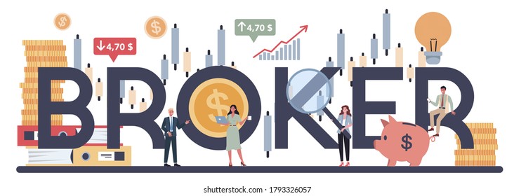 Financial broker typographic header concept. Income, investment and saving concept. Business character making financial operation. Isolated vector illustration