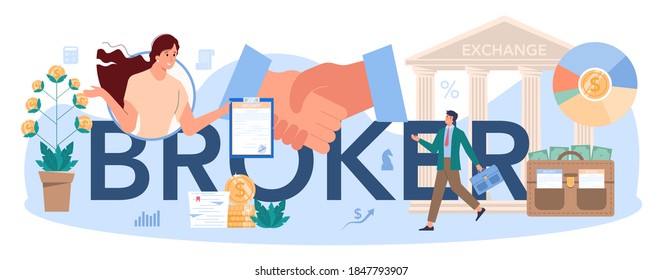 Financial broker typographic header. Income, investment and saving. Customer support and trust management. Business character making financial operation. Isolated vector illustration