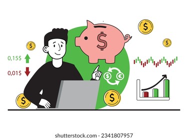 Financial broker typographic header. Income investment and saving. Business character making financial exchange. Stock market analytical service. Isolated vector illustration.