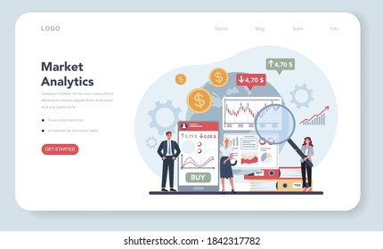 Financial broker web banner or landing page. Market analytics, investment and saving concept. Business character making financial operation. Isolated vector illustration