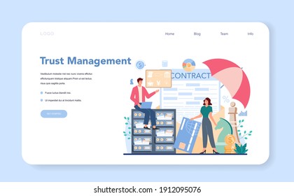 Financial broker web banner or landing page. Income, investment and saving. Customer support and trust management. Business character making financial operation. Isolated vector illustration