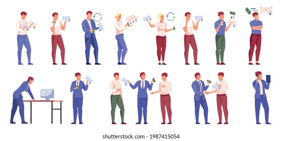 Financial brokers working in stock market with their clients characters flat color set isolated on white background vector illustration