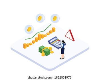 Financial bubble isometric vector concepts. Businesswoman looking at coins floating in bubble with financial graph