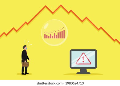 Financial bubble vector concepts. Businessman looking at stock market graph on the bubble with warning sign on the monitor