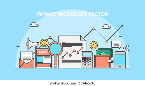 Financial Budget For Digital Marketing, Social Media, Search Marketing Campaign Flat Line Vector Concept