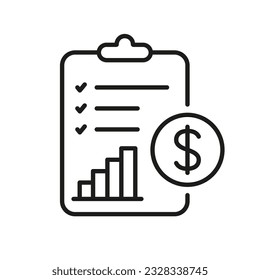 Financial Budget Line Icon. Tax Accounting Outline Symbol. Finance Payment Document, Money Report on Clipboard Linear Pictogram. Paper with Dollar Sign. Editable Stroke. Isolated Vector Illustration.