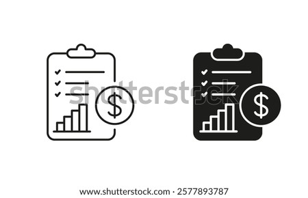 Financial Budget Line and Silhouette Icon Set. Finance Payment Document, Money Report on Clipboard Pictogram. Tax Accounting Symbol. Editable Stroke. Isolated Vector Illustration.