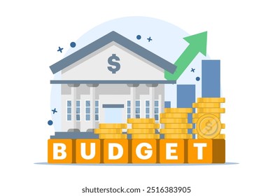 Conceito de planejamento do orçamento financeiro para o futuro, Etapas para o crescimento financeiro, Estratégias de investimento para ganhar dinheiro, planejar investir ou gerenciar a riqueza para obter lucro, planejamento digital e marketing.