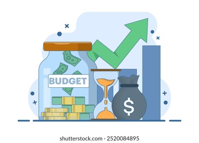 Financial budget planning concept for future, digital marketing, finance, sales strategy, teamwork, corporate budget, revenue growth, investment business. Flat vector illustration on background.