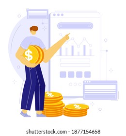 Aplicación móvil de planificación financiera y presupuestaria. Banco, deuda, gestión de dinero familiar. Ilustración vectorial de personas.
