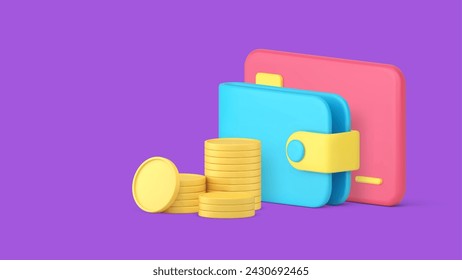 Financial budget wallet with credit debit card coin cash money banner copy space 3d icon realistic vector illustration. Banking account savings earnings investment wealth finance economy shopping