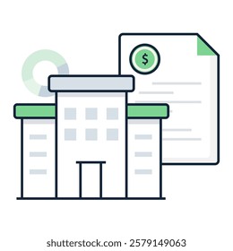 Financial Building with Document Icon. Business Management, Financial Documentation, and Corporate Strategy Illustration.