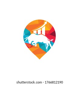 Financial bull with gps shape logo design. Trade Bull Chart, finance pin logo. Economy finance chart bar business productivity logo icon.