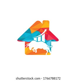 Financial bull with house shape logo design. Trade Bull Chart, finance logo. Economy finance chart bar business productivity logo icon.	