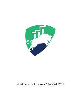 Financial bull shield shape concept logo design. Trade Bull Chart, finance logo. Economy finance chart bar business productivity logo icon.	
