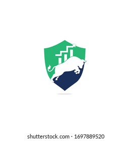 Diseño del logo del concepto de escudo de toros financieros. Cuadro de toros comerciales, logotipo financiero. Icono del logotipo de productividad empresarial de la barra del gráfico de finanzas económicas.	

