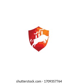 Financial bull shield shape concept logo design. Trade Bull Chart, finance logo. Economy finance chart bar business productivity logo icon.	