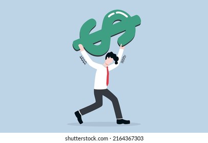 Financial burden, bearing high expenses or cost of living due to economic crisis or inflation, debt or loan concept. Exhausted businessman carrying heavy dollar sign on his shoulder. 