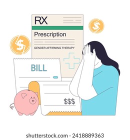 Financial burden of gender transition. Struggle of affording gender-affirming therapy. Healthcare expenses or bill for transgender woman. Flat vector illustration