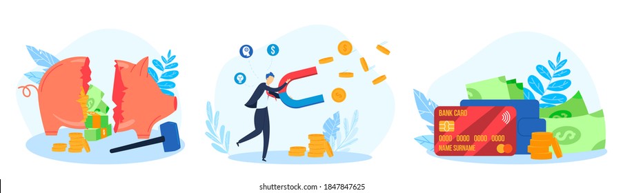 Financial business account vector illustration set. Cartoon flat broken piggy bank moneybox, businessman character holding magnet to attract gold coins investment, invest in business isolated on white